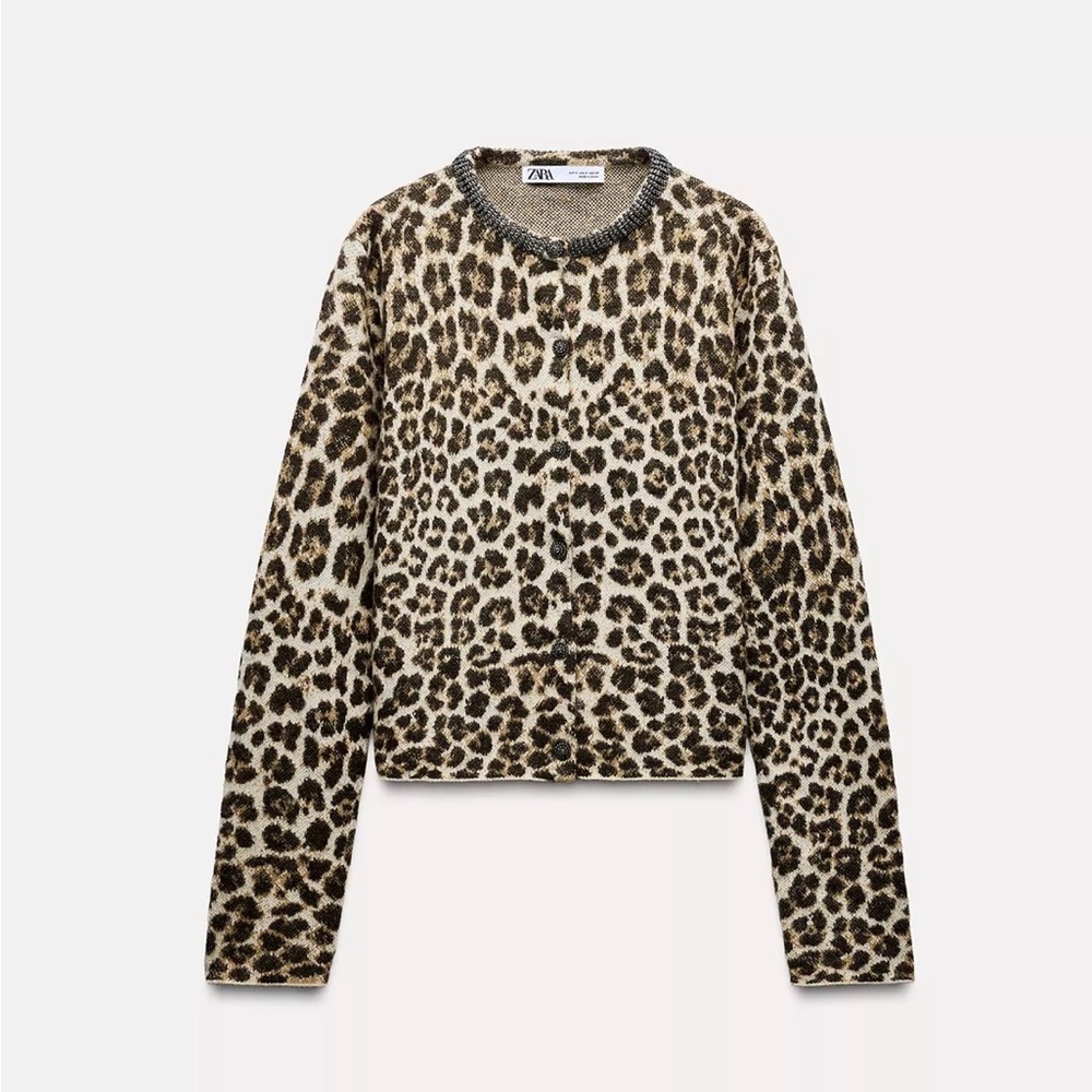 Zara Jacqaurd knit animal print with jeweled neckline and buttons - NWOT